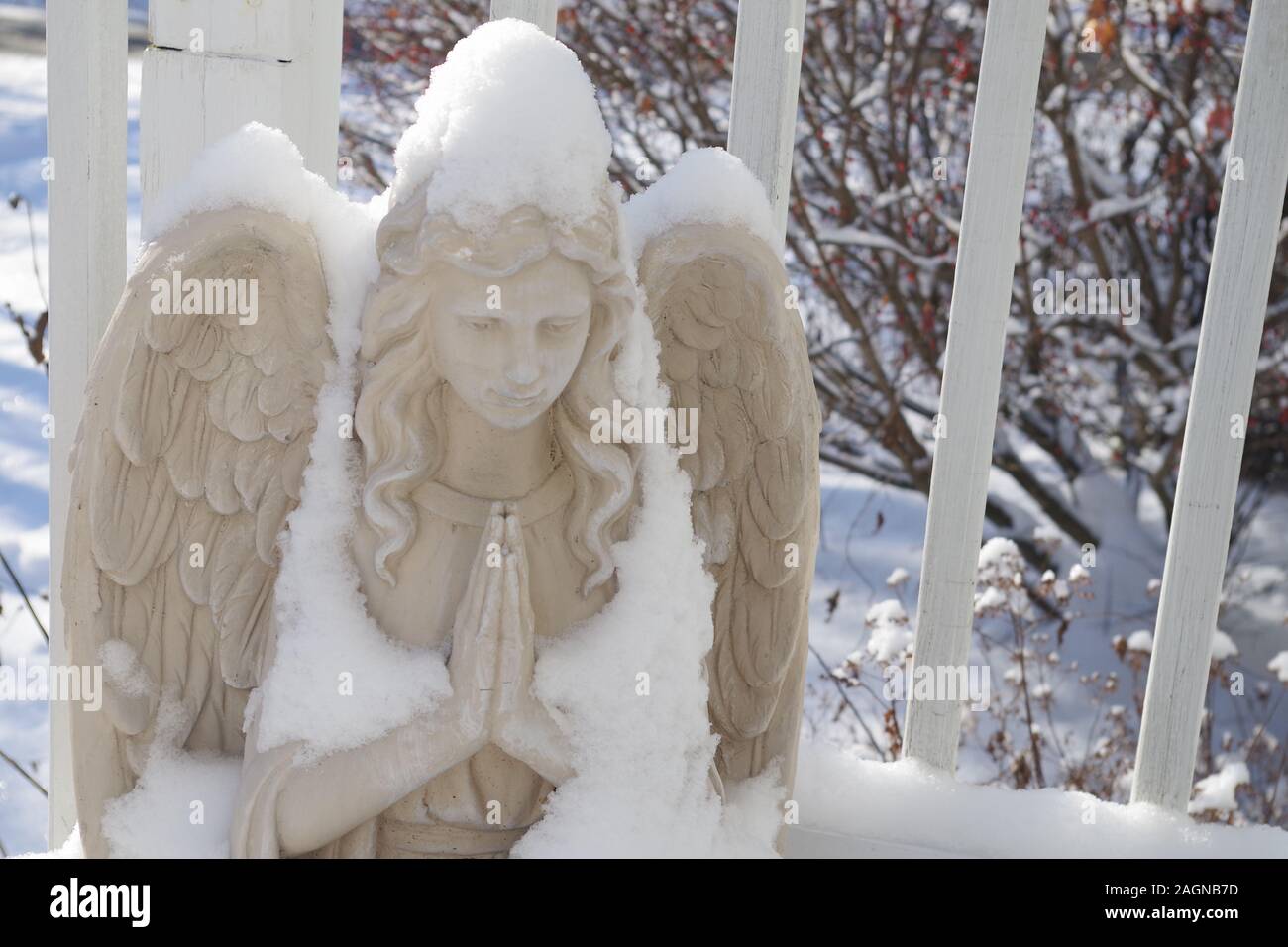 Sculpture d'ange avec les mains priantes drapées dans la neige Banque D'Images