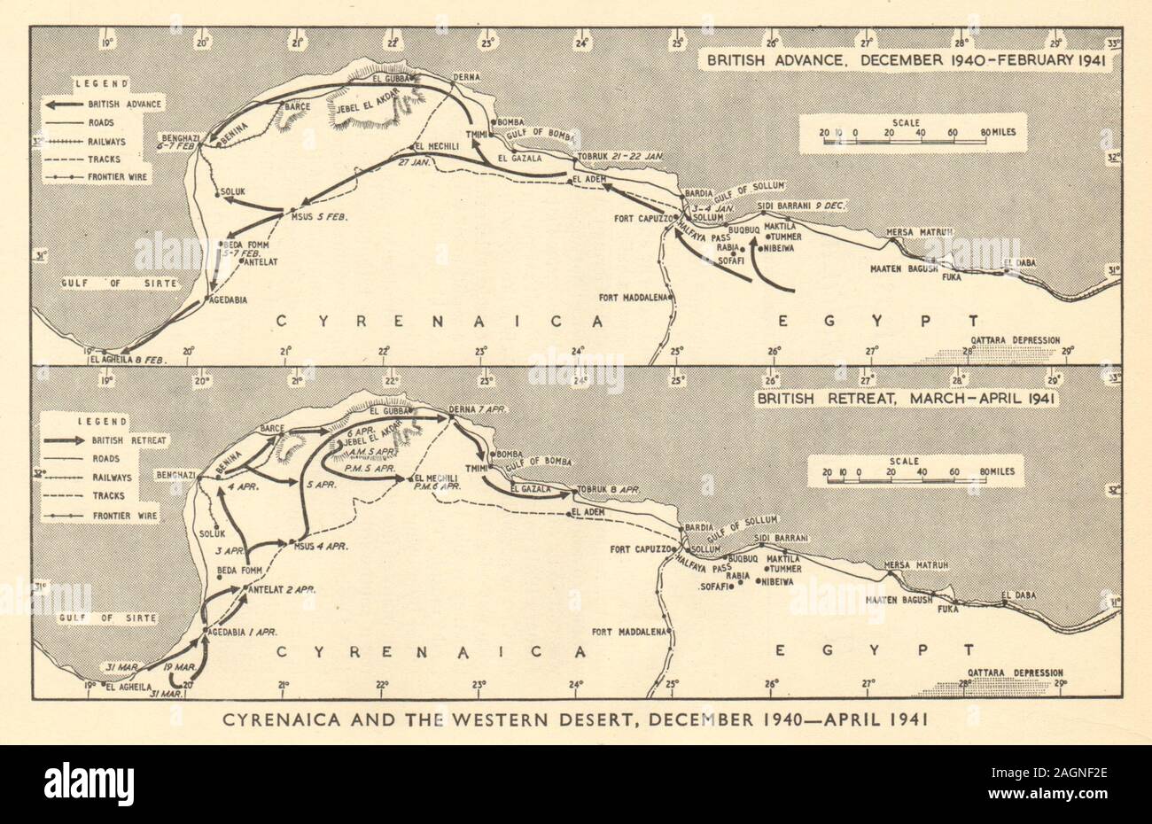 Campagne d'Afrique du Nord Décembre 1940-avril 1941. La Seconde Guerre mondiale 2. La Libye 1953 map Banque D'Images Campagne d'Afrique du Nord Décembre 1940-avril 1941. La Seconde Guerre mondiale 2. La Libye 1953 map Banque D'Images