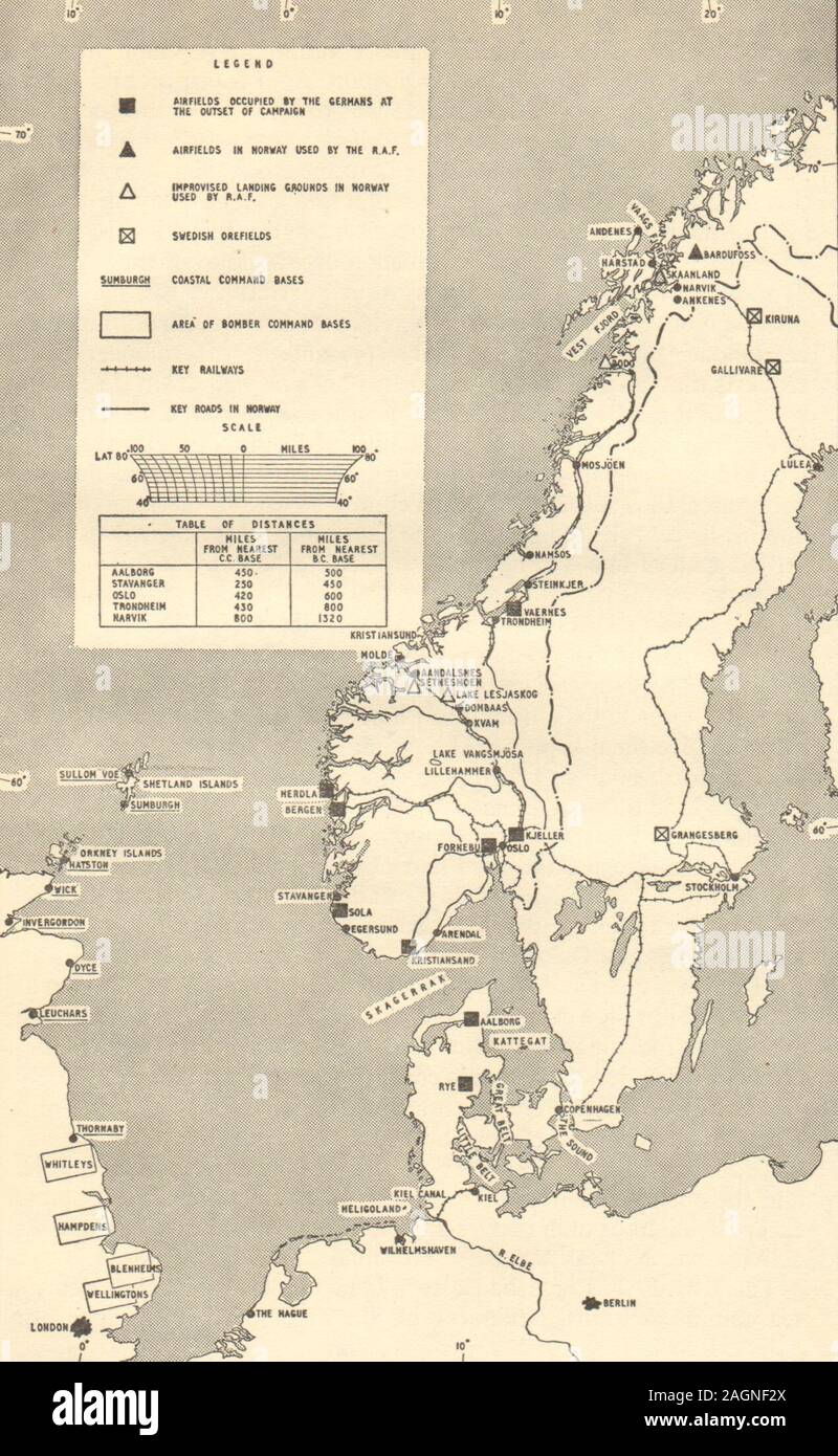 La campagne de Norvège, 1940. La Seconde Guerre mondiale 2. Royal Air Force. Carte de la Norvège 1953 Banque D'Images