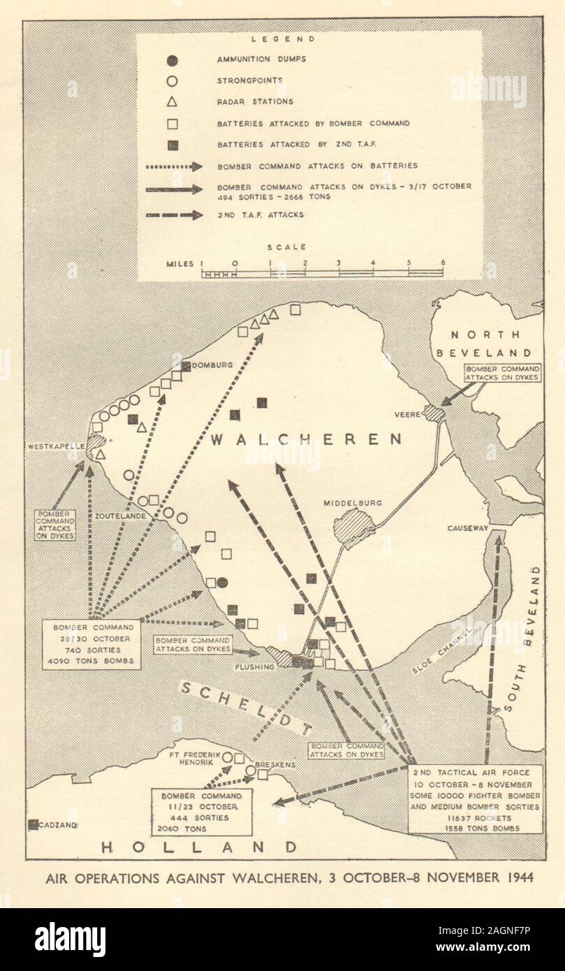 Les opérations aériennes de la RAF Oct-Nov 1944 Walcheren. World War 2 Pays-Bas 1954 map Banque D'Images