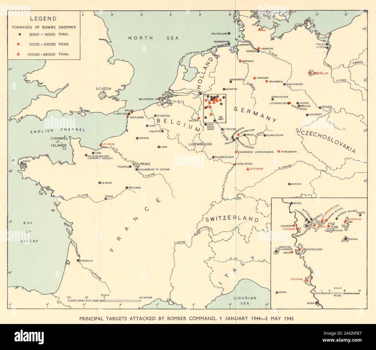 Principales cibles de Bomber Command de la RAF 1944-1945. La Seconde Guerre mondiale 2. Allemagne 1954 Ancien site Banque D'Images