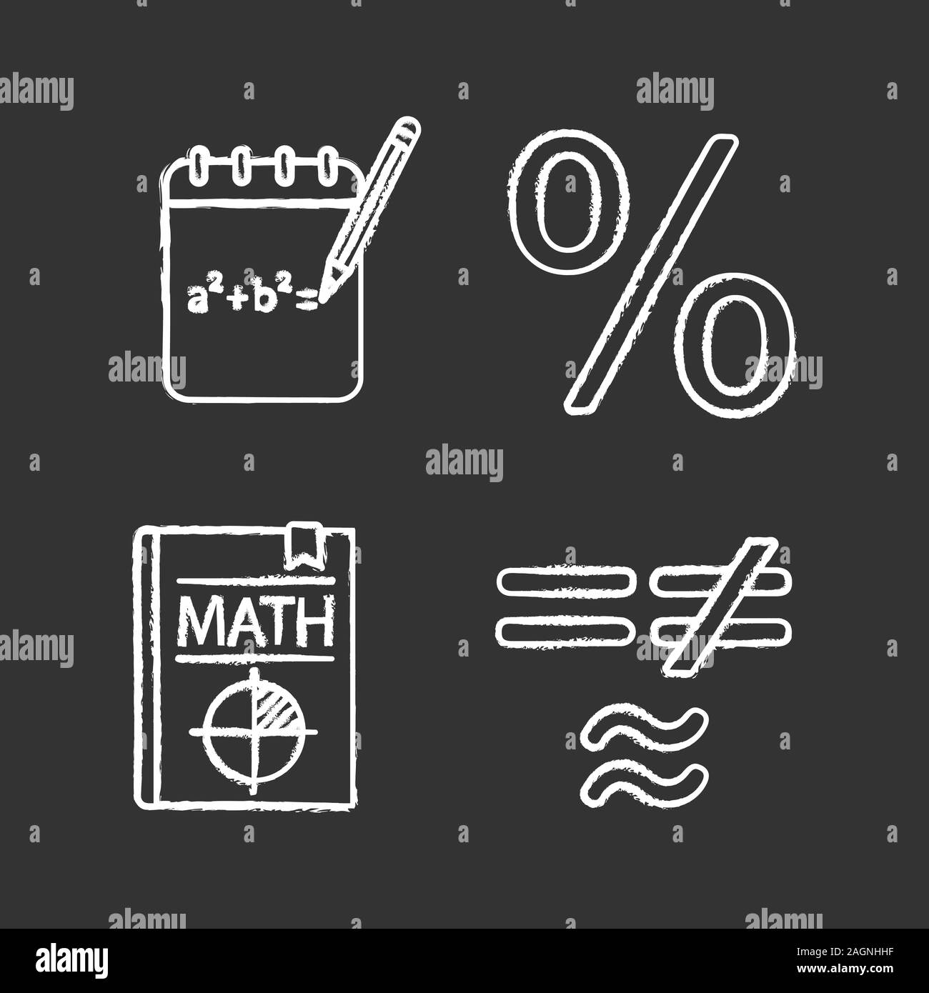 Chalk mathématiques icons set. Brouillon, p. 100, livre des symboles mathématiques. Illustrations vectorielles chalkboard Illustration de Vecteur