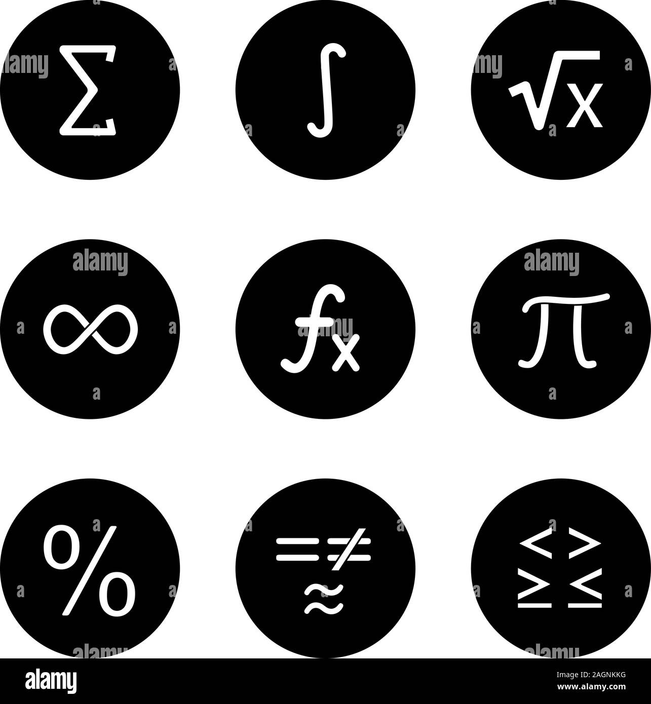 Glyphe de mathématiques icons set. Les symboles mathématiques. L'algèbre. Vector silhouettes blanc illustrations de cercles noirs Illustration de Vecteur