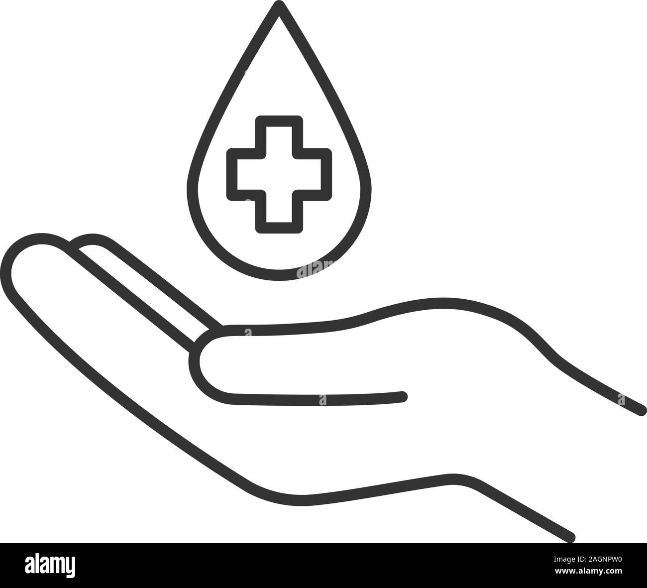 Don du sang l'icône linéaire. Fine ligne illustration. Hand holding liquid drop avec des croix. Symbole de contour. Dessin vectoriel aperçu isolés Illustration de Vecteur