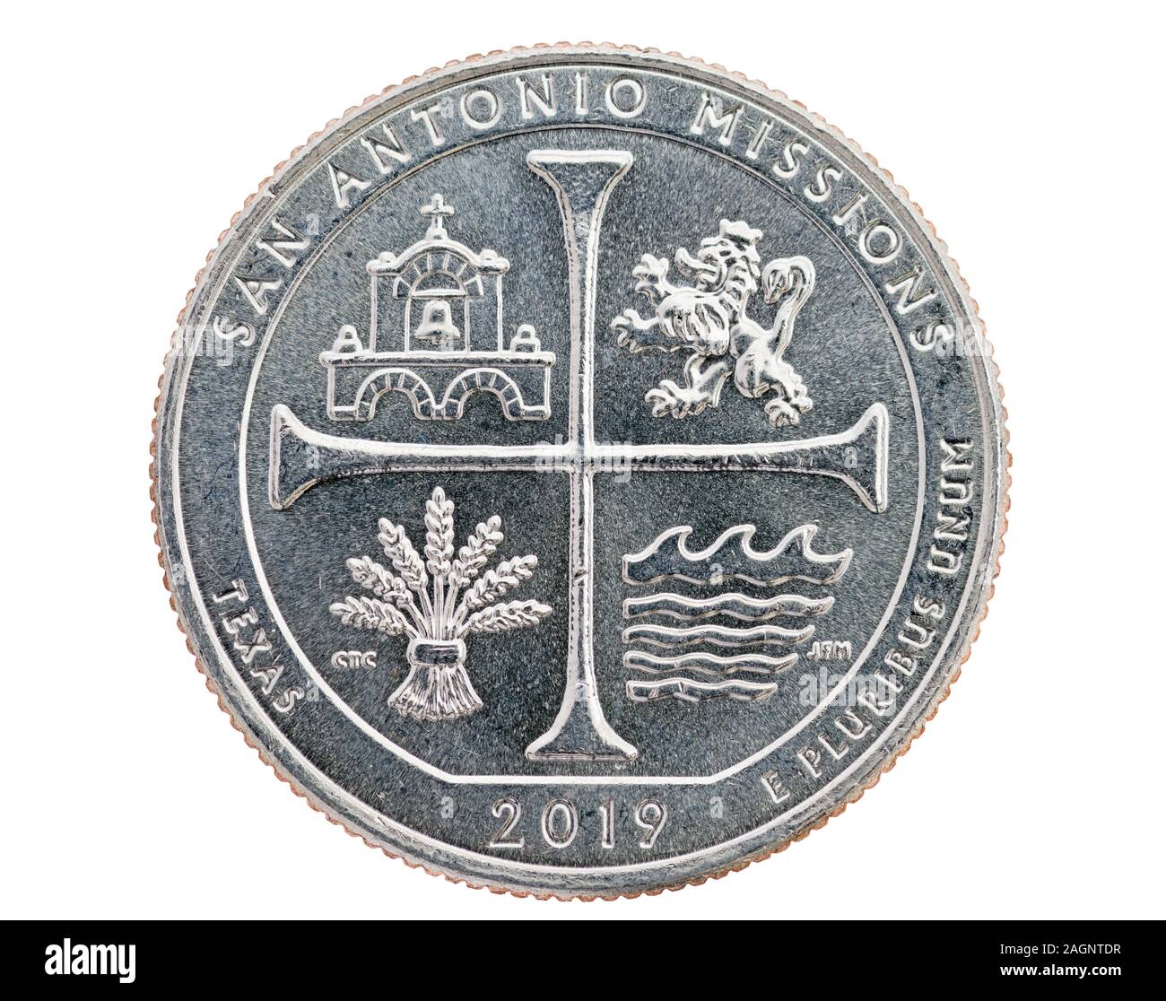 Missions de San Antonio au Texas trimestre commémorative coin isolated on white Banque D'Images