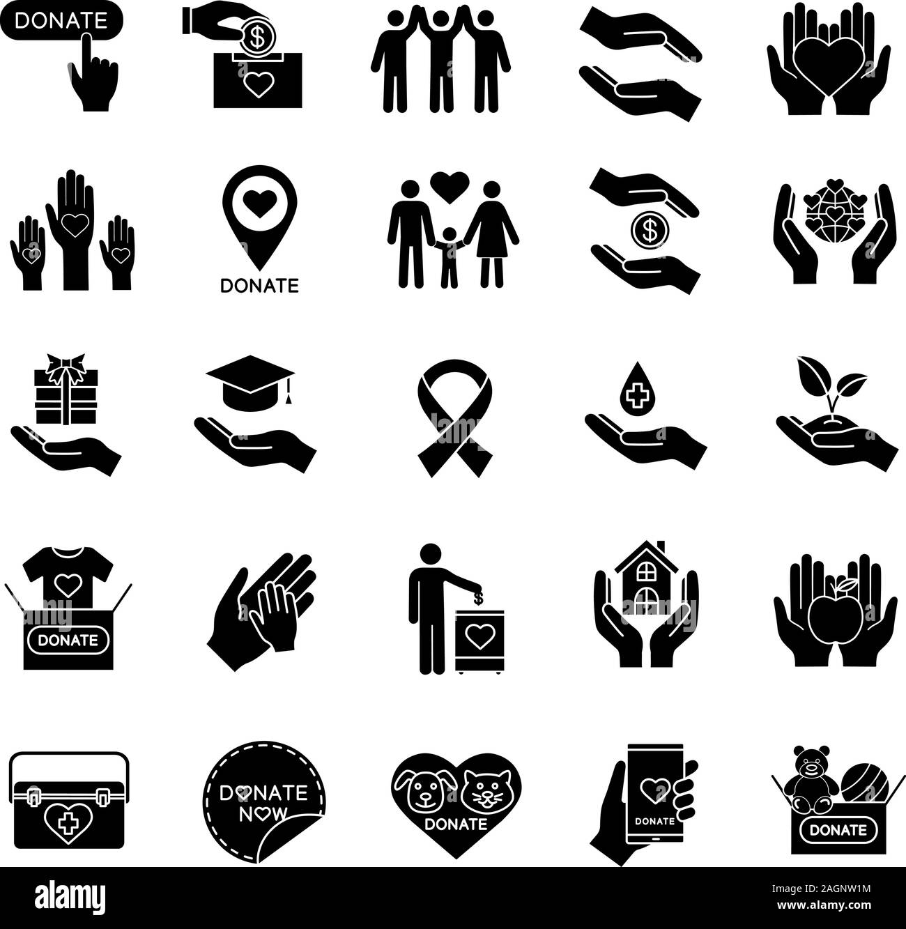 Glyphe de bienfaisance icons set. Symboles de Silhouette. Don. Les activités de financement, d'aides, le bénévolat, l'aide humanitaire. Vector illustration isolé Illustration de Vecteur