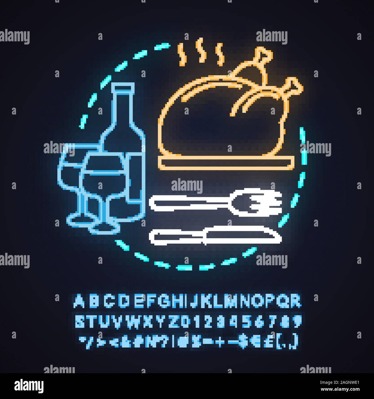 Restaurant neon light concept icône. Maison de vacances dîner ou souper idée. Service des aliments. Dinde de Thanksgiving. Signe rougeoyant avec alphabet, chiffres et symboles. Illustration de Vecteur