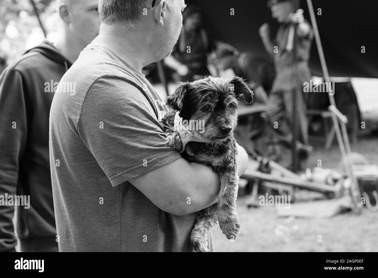 L'homme a reporté son joli Terrier dans ses bras, Valley Gardens, Harrogate, North Yorkshire, Angleterre, Royaume-Uni. Banque D'Images