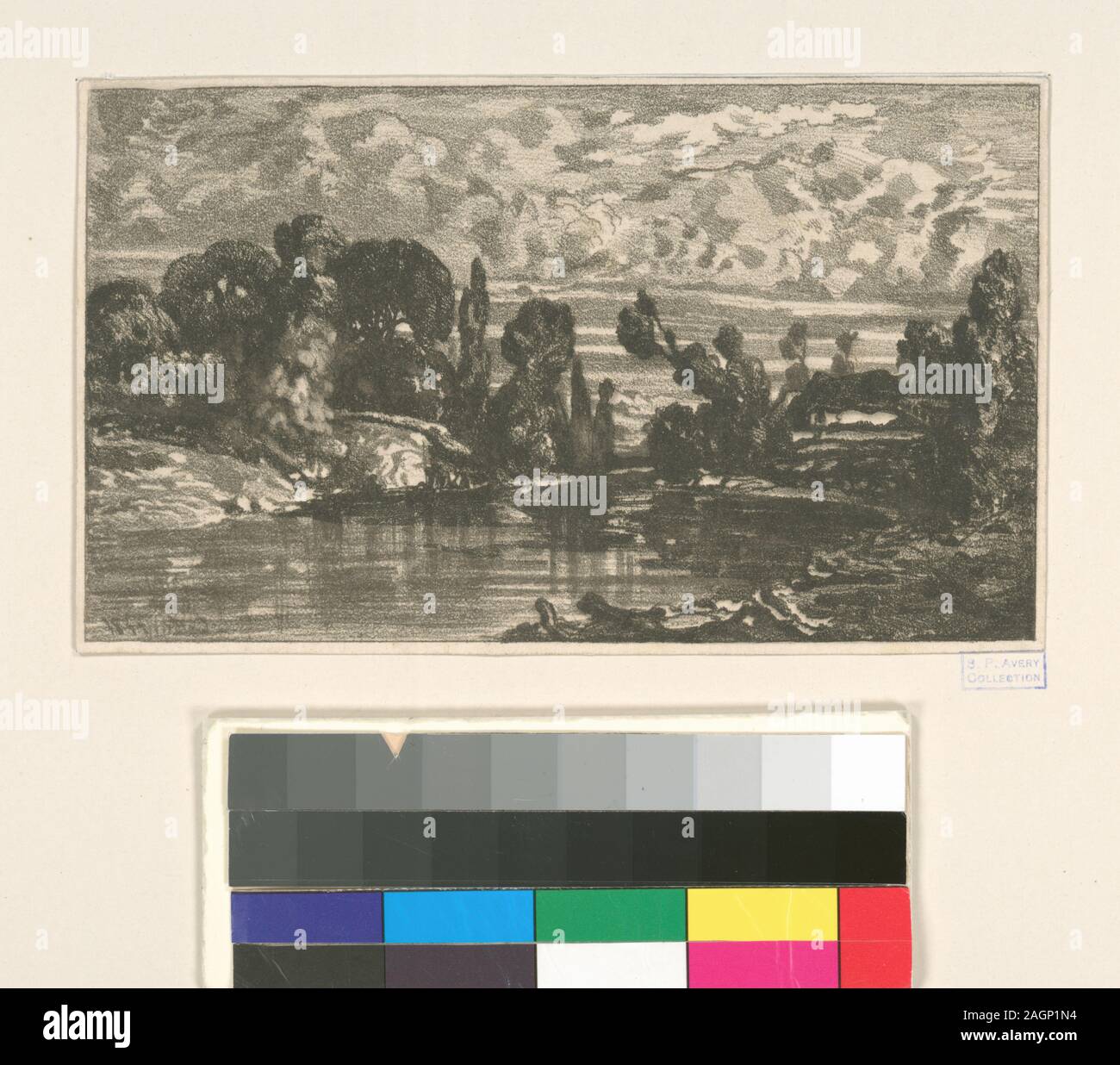 Holdings contrôlés à l'exemplaire de l'Oeuvre de Ch. Jacque catalogue de ses eaux-fortes et pointes sèches / dressé par J.J. Guiffrey. Fait partie d'eaux-fortes et pointes sèches par Charles Jacque dans Samuel Putnam Avery Collection. Citation/Référence : G298 ; Paysage. Banque D'Images