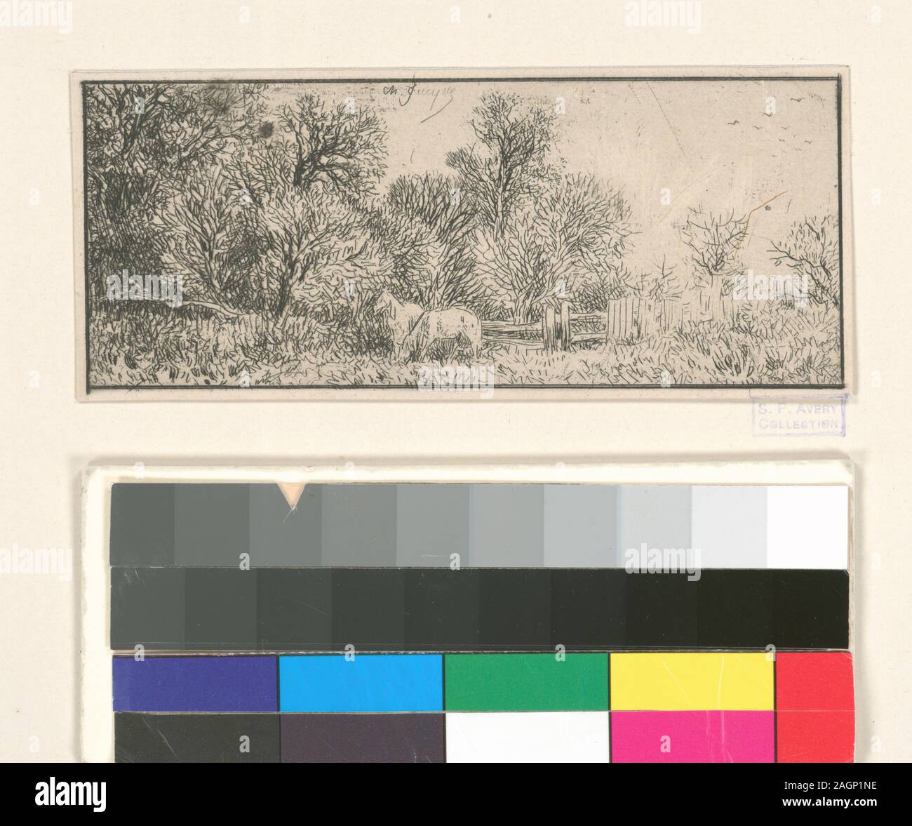 Holdings contrôlés à l'exemplaire de l'Oeuvre de Ch. Jacque catalogue de ses eaux-fortes et pointes sèches / dressé par J.J. Guiffrey. Fait partie d'eaux-fortes et pointes sèches par Charles Jacque dans Samuel Putnam Avery Collection. Citation/Référence : G309 ; Paysage. Banque D'Images