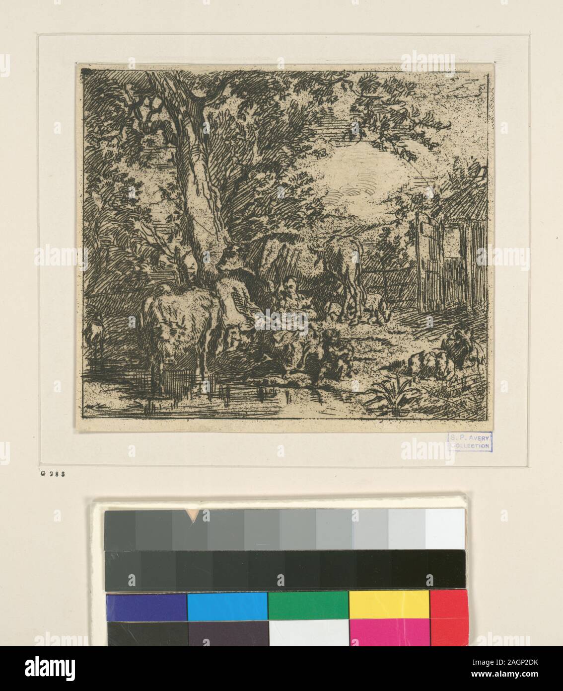 Holdings contrôlés à l'exemplaire de l'Oeuvre de Ch. Jacque catalogue de ses eaux-fortes et pointes sèches / dressé par J.J. Guiffrey. Fait partie d'eaux-fortes et pointes sèches par Charles Jacque dans Samuel Putnam Avery Collection. Citation/Référence : G283 ; Paysage et animaux. Banque D'Images