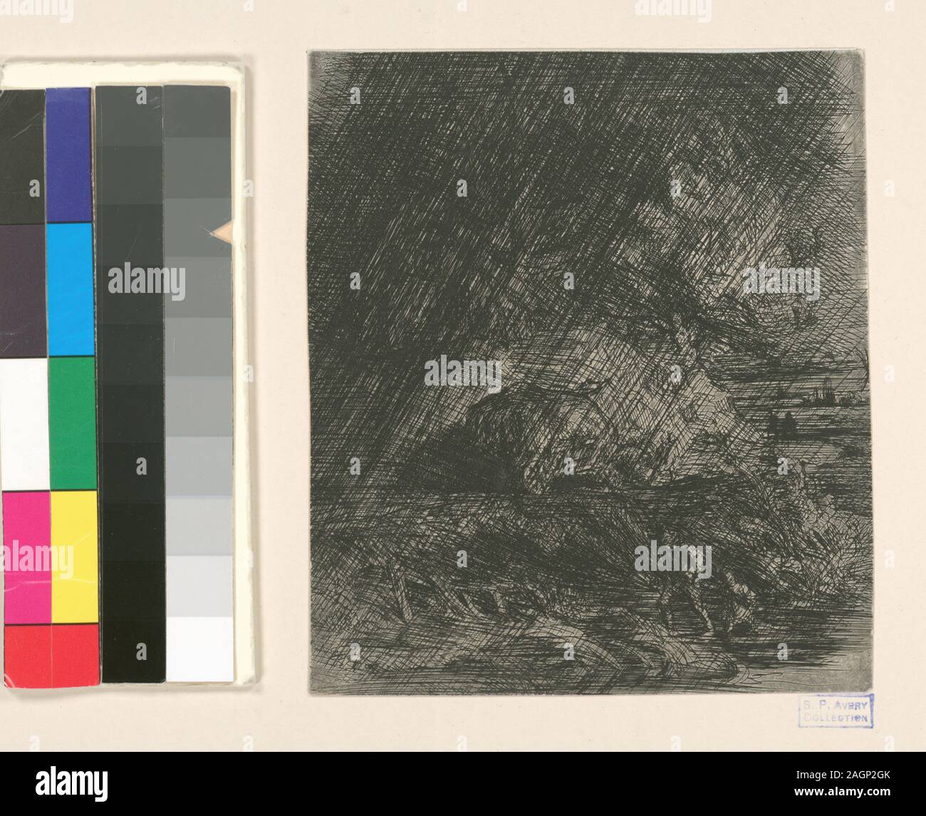 Holdings contrôlés à l'exemplaire de l'Oeuvre de Ch. Jacque catalogue de ses eaux-fortes et pointes sèches / dressé par J.J. Guiffrey. Fait partie d'eaux-fortes et pointes sèches par Charles Jacque dans Samuel Putnam Avery Collection. Citation/Référence : G305 ; Paysage, effet d'orage. Banque D'Images