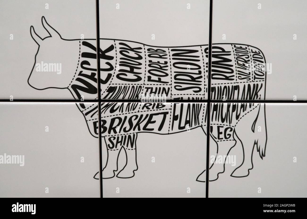 Morceaux de viande de boeuf sur une vache, à partir de carreaux de céramique Banque D'Images
