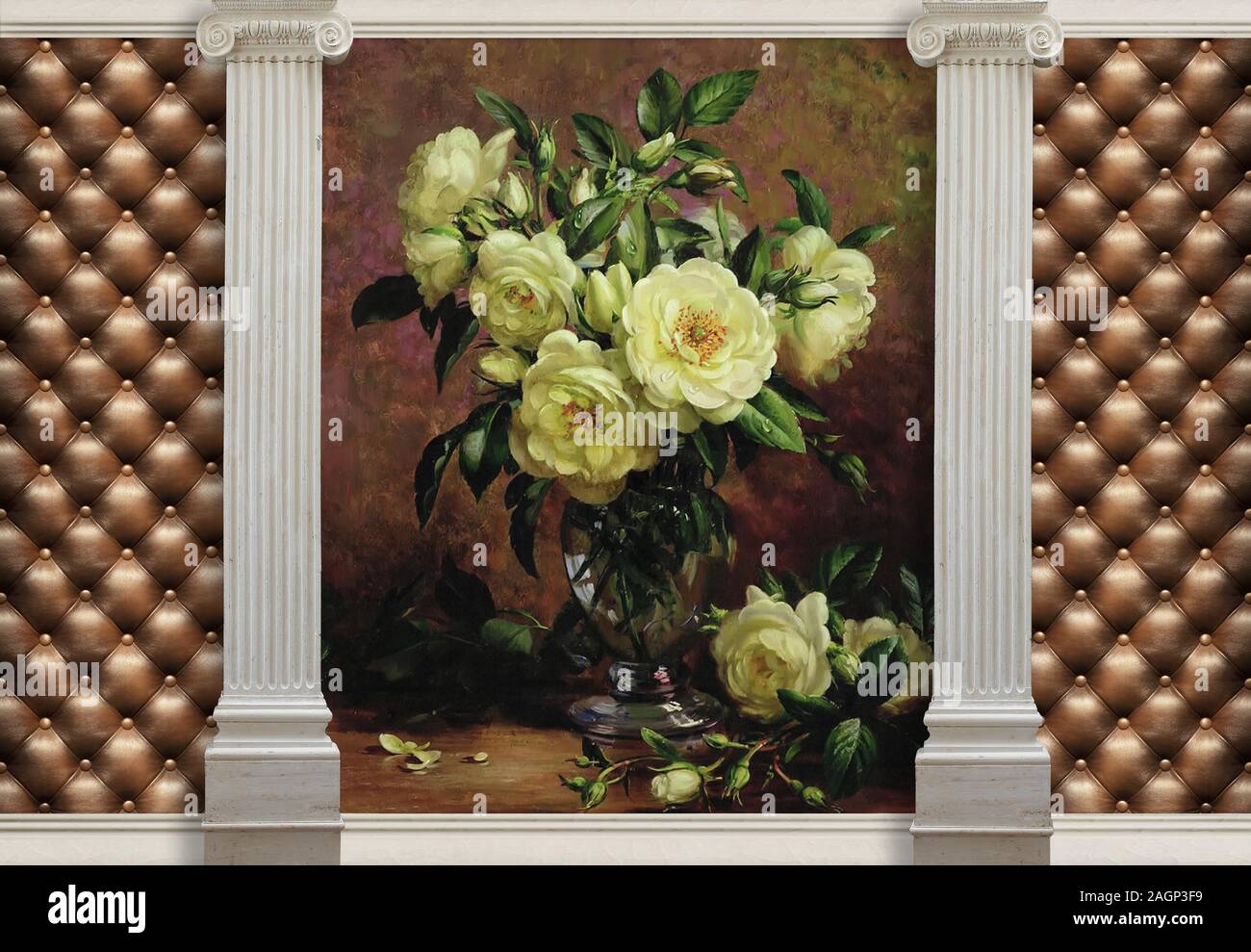 Fleurs dans un vase. Fond d'écran 3d avec effet de cuir matelassé et de colonnes, des roses blanches est une peinture d'Albert Williams. Banque D'Images