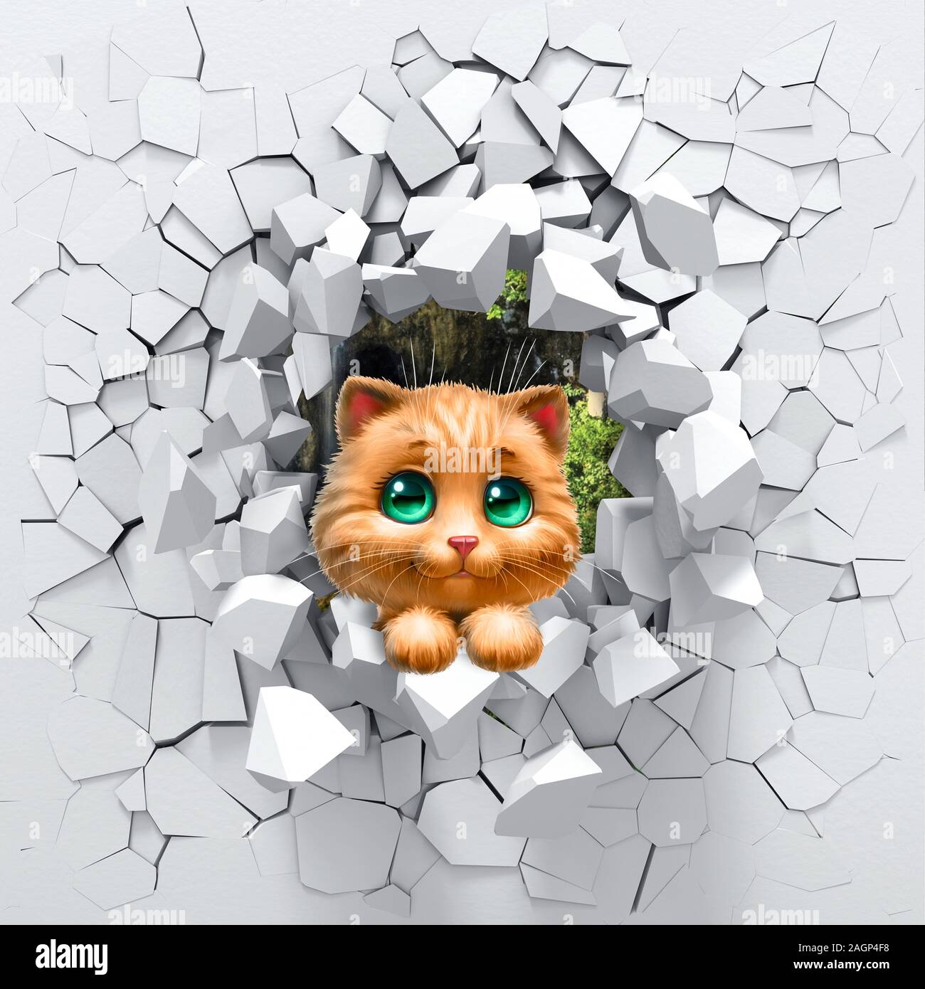 Arrière-plan 3D, chat et un mur brisé. Mur 3D semble très belle et apporte aussi des couleurs différentes à prix ! Banque D'Images
