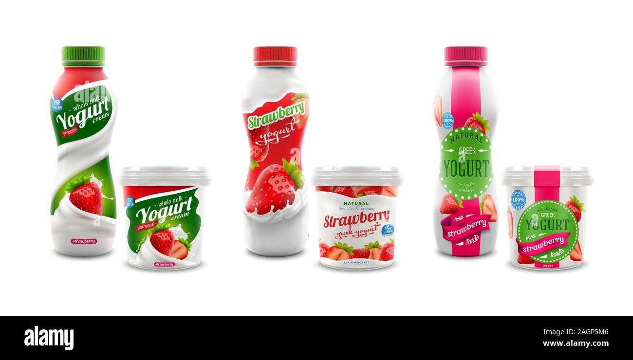 Ensemble de trois différents modèles d'emballages de yogourt aux fraises-01 Illustration de Vecteur
