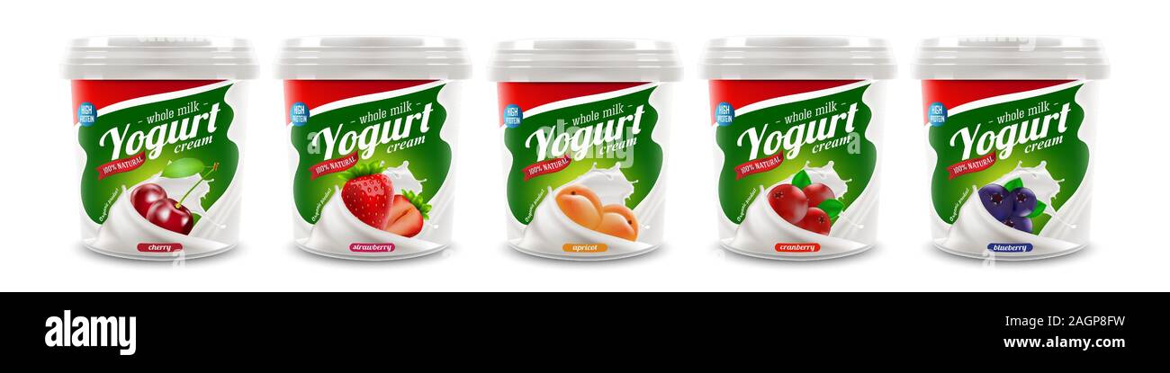 Ensemble de yaourts tout nouveau packaging design isolés pour le lait, yaourt ou crème de marque produit ou design publicitaire Illustration de Vecteur