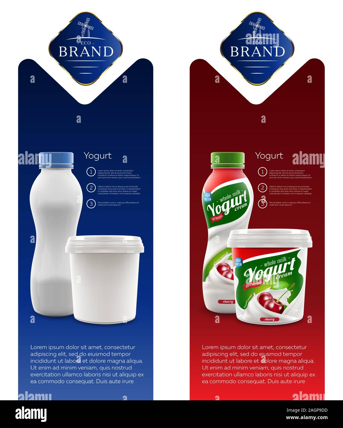 Yaourts cerise tout nouveau packaging design isolés pour le lait, yaourt ou crème de marque produit ou design publicitaire Illustration de Vecteur