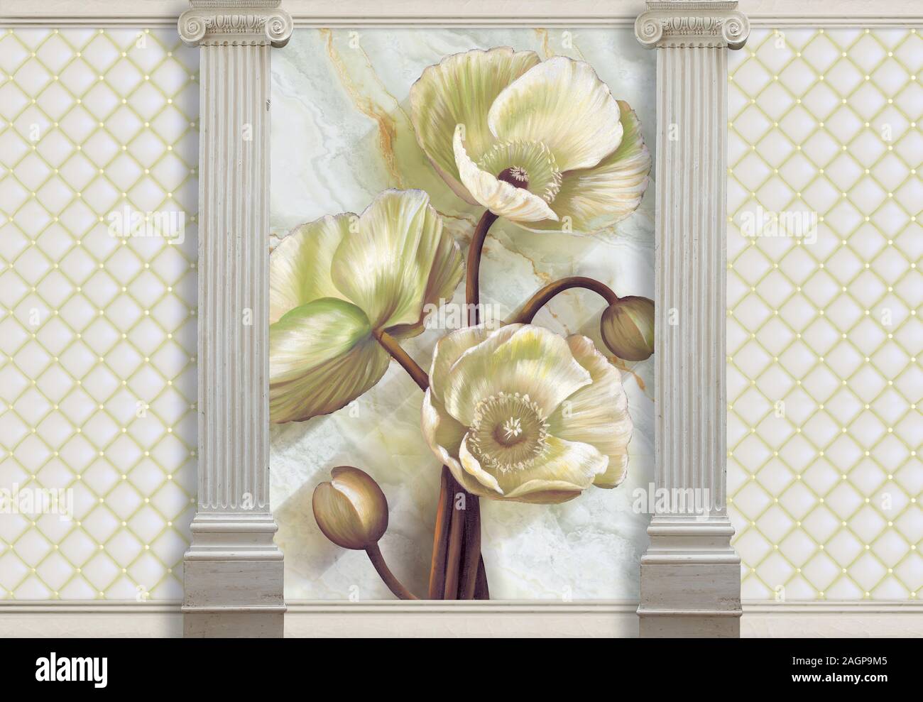 Fond d'écran 3d avec la peinture des fleurs sur fond de marbre, colonnes et effet cuir matelassé devenu un accent dans le design intérieur. Banque D'Images