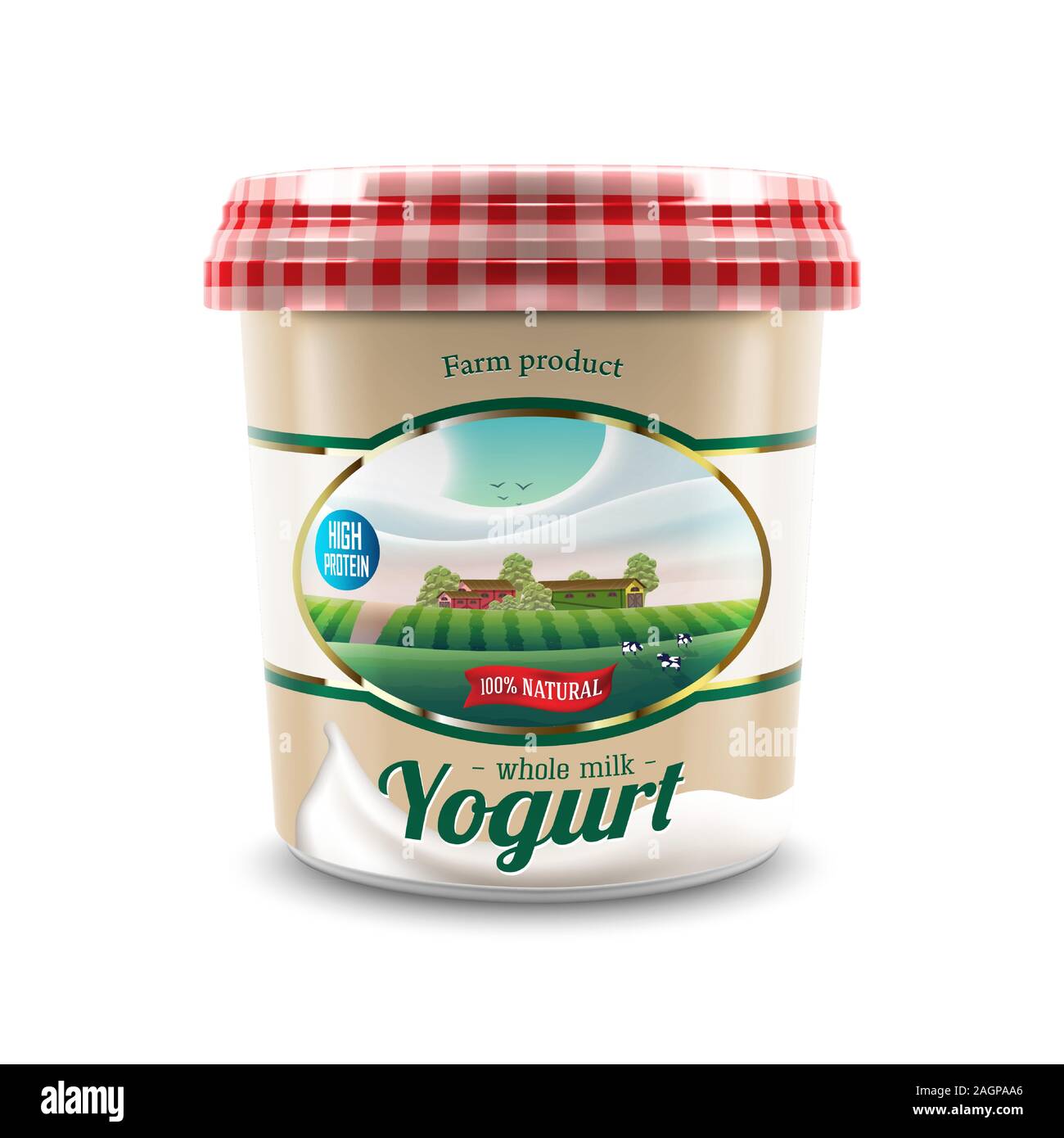Nouvelle conception de l'emballage de yogourt avec étiquette rurale agricole avec les arbres et les vaches, vector illustration pour yogourt ferme de produits de marque ou design publicitaire Illustration de Vecteur