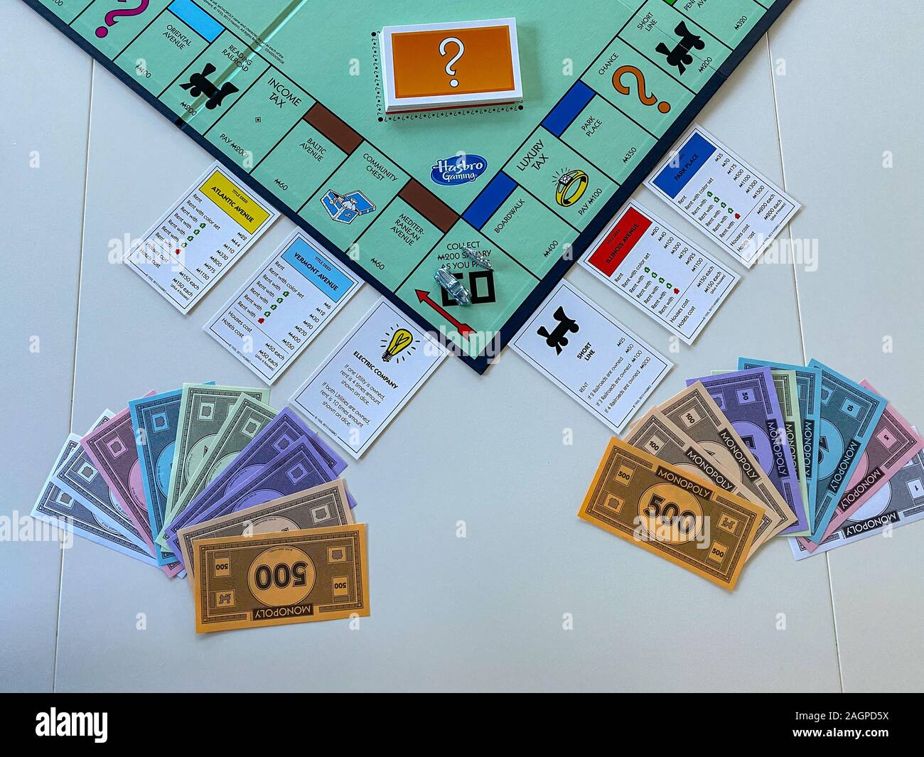 Orlando, Floride/USA-12/20/19 : Pièces pour le jeu Monopoly par Hasbro sur un fond blanc. Business concept, de la banque, et de la propriété. Banque D'Images