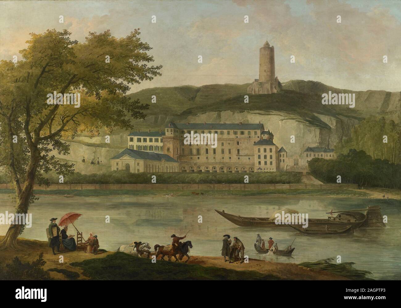 Vue du château de Madame d'Enville à La Roche-Guyon. Musée : Musée des Beaux-Arts, Rouen. Auteur : Hubert ROBERT. Banque D'Images