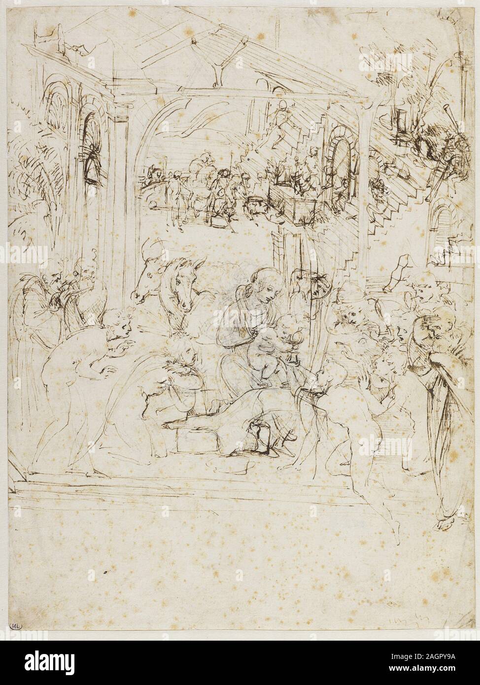 Etude pour l'Adoration des Mages. Musée : Musée du Louvre, Paris. Auteur : LÉONARD DE VINCI. Banque D'Images