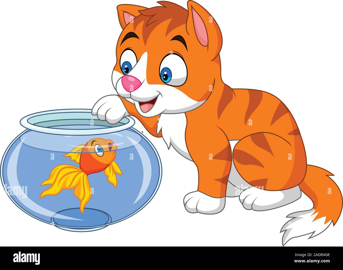 Cartoon petit chat jouant avec poisson d'or Illustration de Vecteur