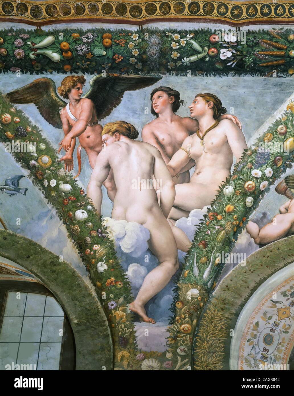 Cupidon et les Trois Grâces. Musée : villa Farnesina, Rome. Auteur : Raphael (Raffaello Sanzio da Urbino). Banque D'Images