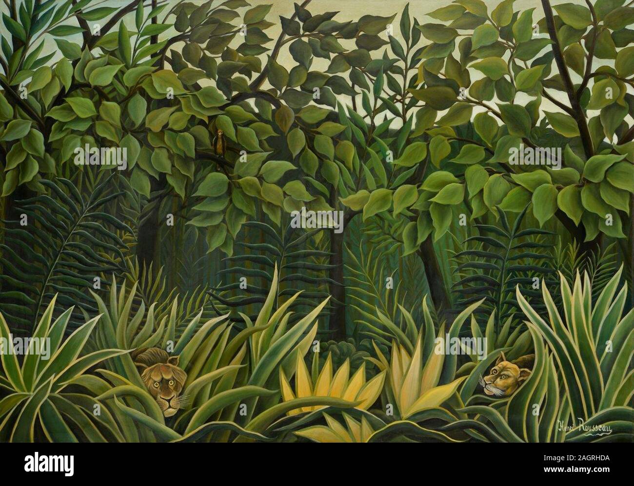 Deux Lions à l'affût dans la jungle. Musée : collection privée. Auteur : Henri Julien Félix Rousseau. Banque D'Images