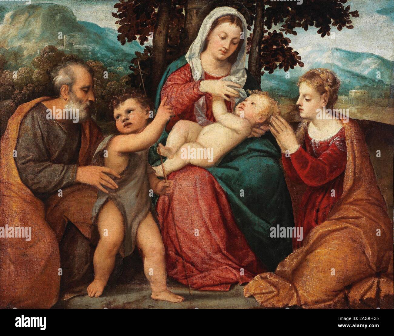 Sainte Famille avec saint Jean-Baptiste et Sainte Catherine. Musée : collection privée. Auteur : Bonifacio Veronese (de' Pitati). Banque D'Images
