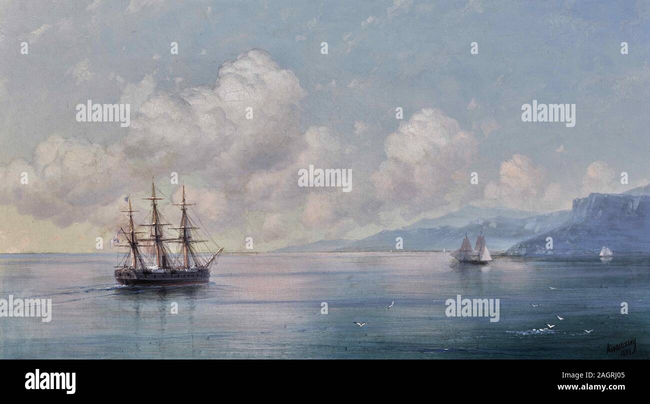 Navire au large de la côte de Crimée. Musée : collection privée. Auteur : Ivan Constantinovitch Aïvazovski. Banque D'Images
