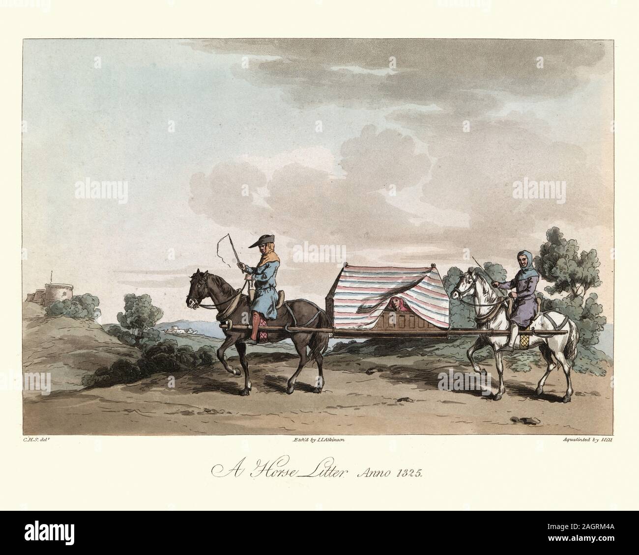 Voyage médiéval, Dame voyageant à cheval la litière, 14ème siècle. Costumes antiques de l'Angleterre, 1813 Banque D'Images