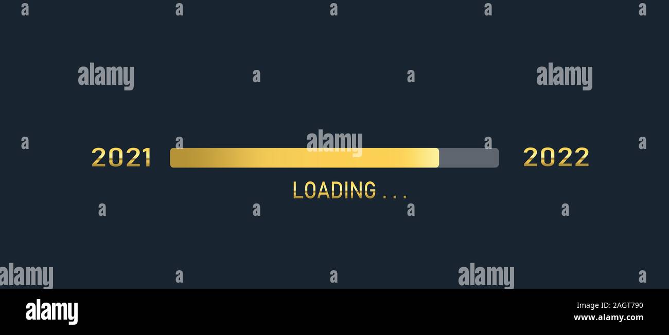 Barre de progression du chargement d'or de 2021, 2022, bonne années isolé sur fond sombre. Banque D'Images