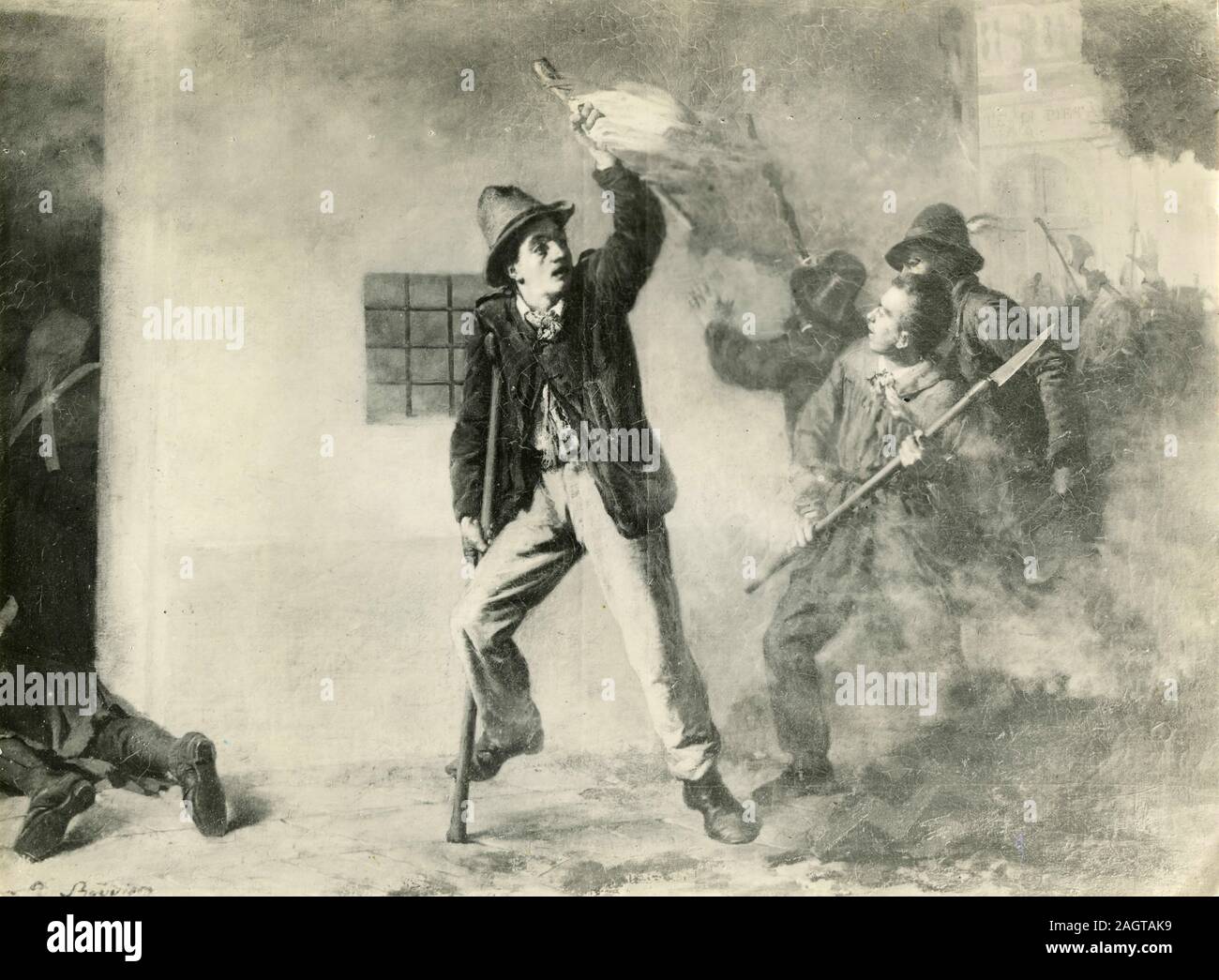 Les cinq jours de Milan, Pasquale Sottocorno assoulting le palais de Genio, la peinture par l'artiste italien Pietro Bouvier, Italie 1950 Banque D'Images