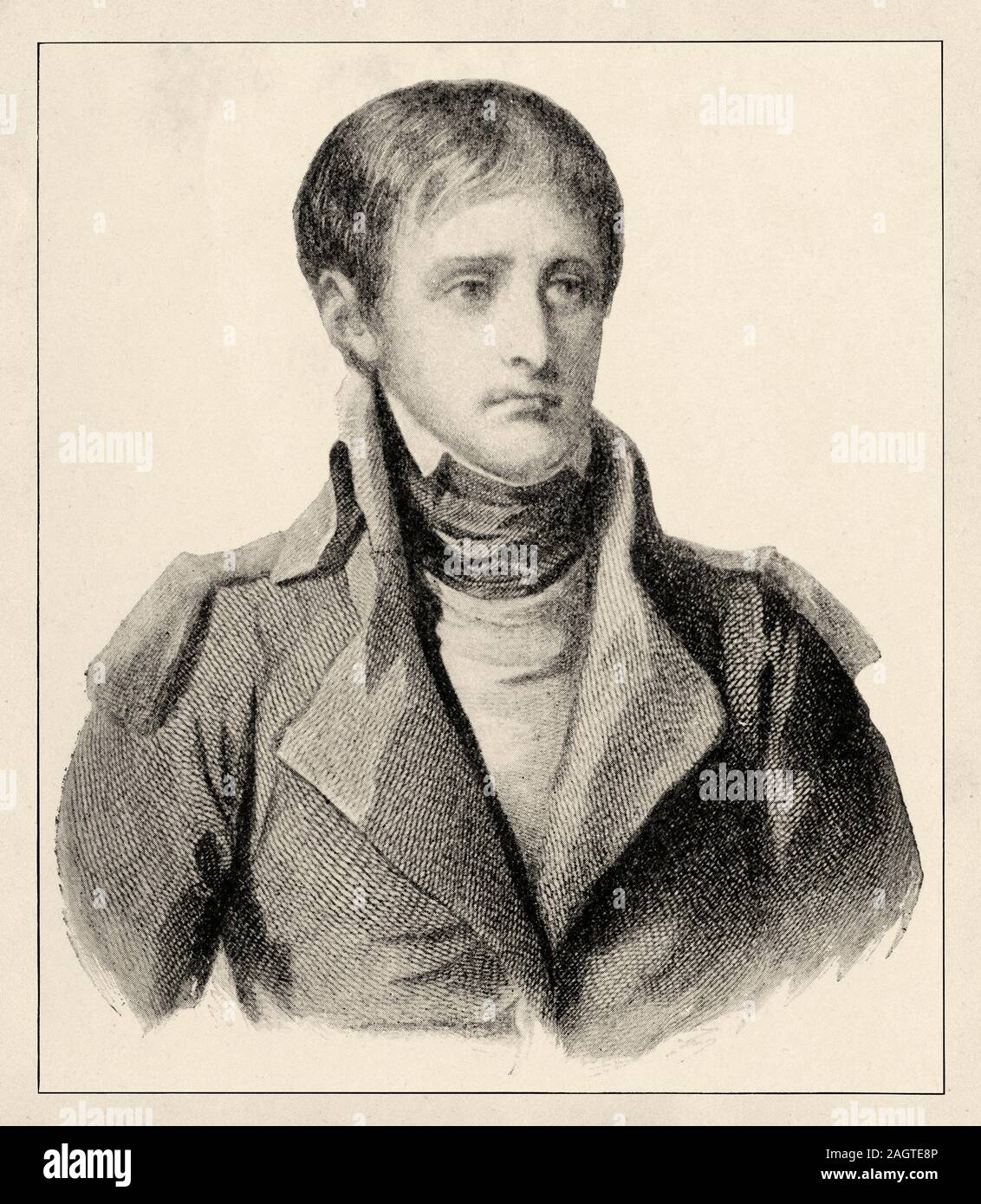 Portrait de Napoléon Bonaparte, lieutenant d'artillerie. Révolution française 18ème siècle. Histoire de France, ancienne gravée illustration libre du livre Banque D'Images