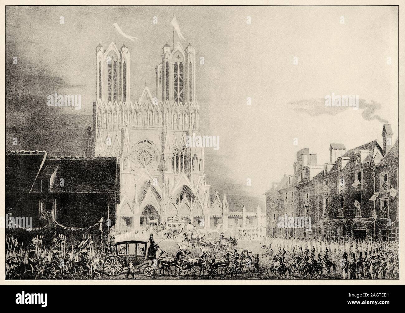 Sacre du roi Charles X de France à l'Église Métropolitaine de Reims, le 29 mai 1825. Histoire de France, ancienne gravée illustration libre du livre H Banque D'Images