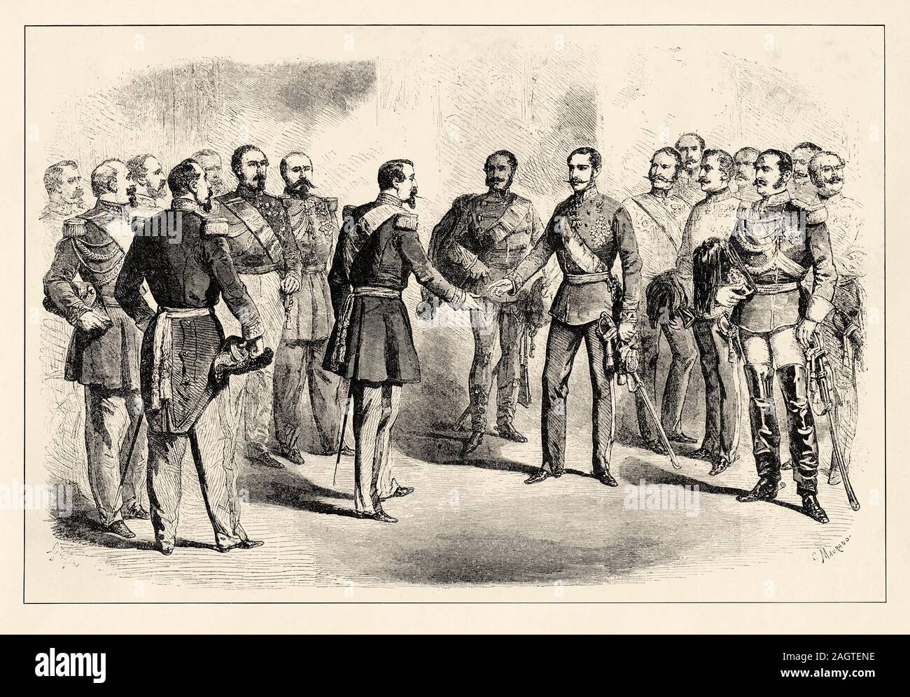 La guerre de l'Italie. L'armistice de Villafranca (11 juillet 1859). Napoléon III et l'Empereur Francisco José I d'Autriche, présente le bureau principal Banque D'Images