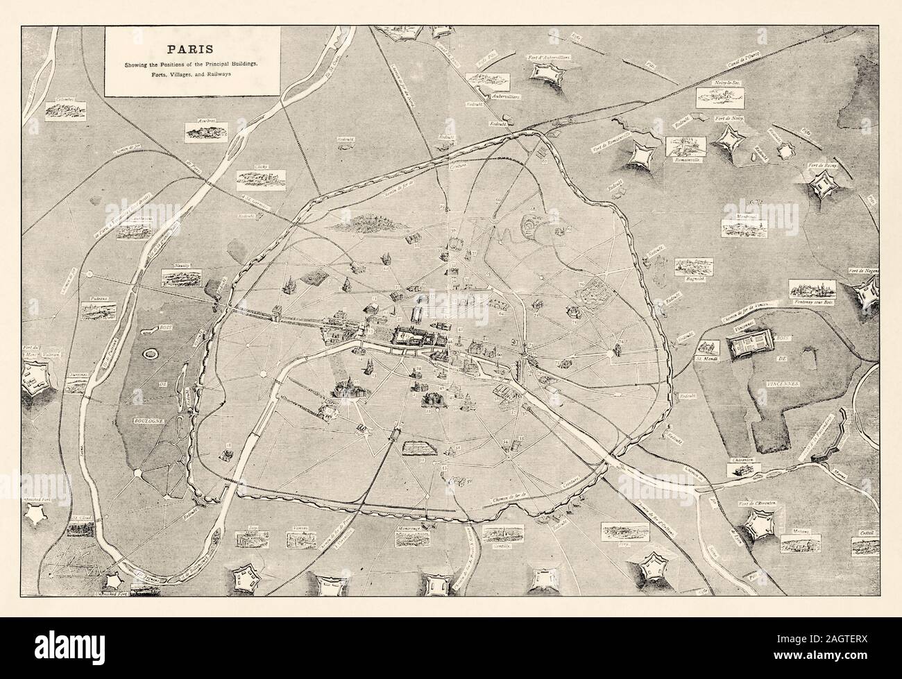 Aperçu de Paris en 1870, de ses principaux monuments historiques de la ligne d'enciente et ses forts. Le siège de Paris est un épisode de la relation franco-allemande Banque D'Images