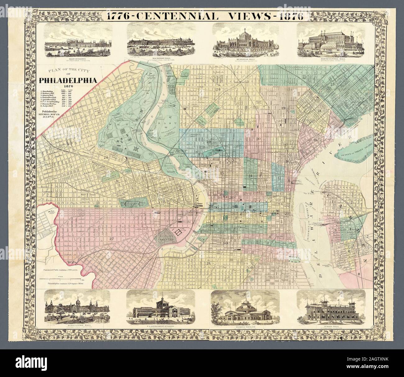 Carte décorative de Philadelphie, Pennsylvanie, avec huit points de vue vignette des principaux bâtiments de l'Exposition du Centenaire au moment de l'Exposition internationale de 1876, commémorant le centième anniversaire de la signature de la Déclaration d'indépendance. Il a été considéré comme le premier salon du monde. La carte montre de vue, noms et emplacements des pavillons. Banque D'Images