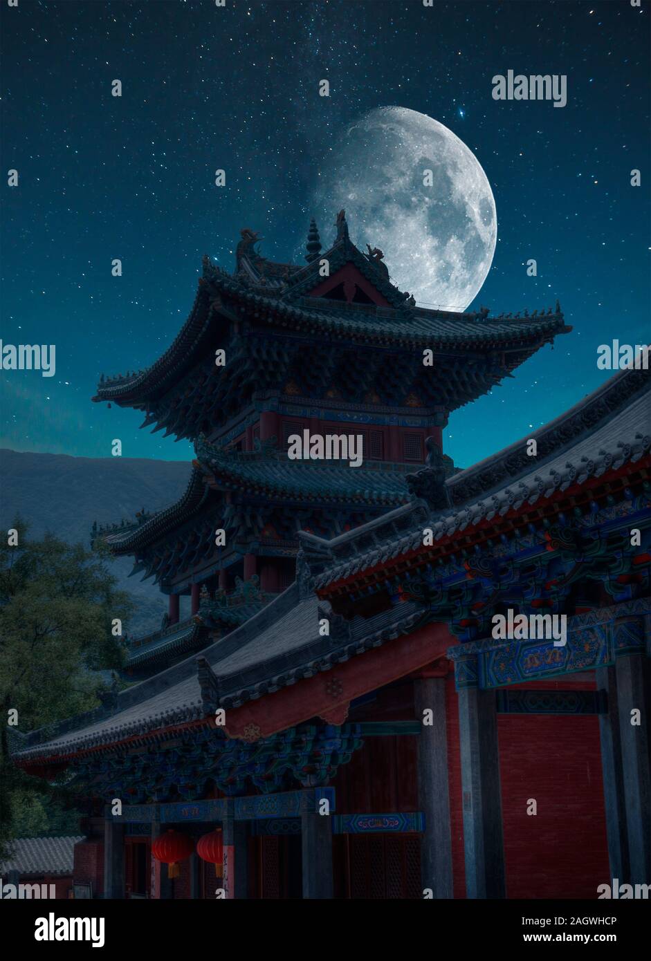 Monastère de Shaolin la nuit au clair de lune Banque D'Images