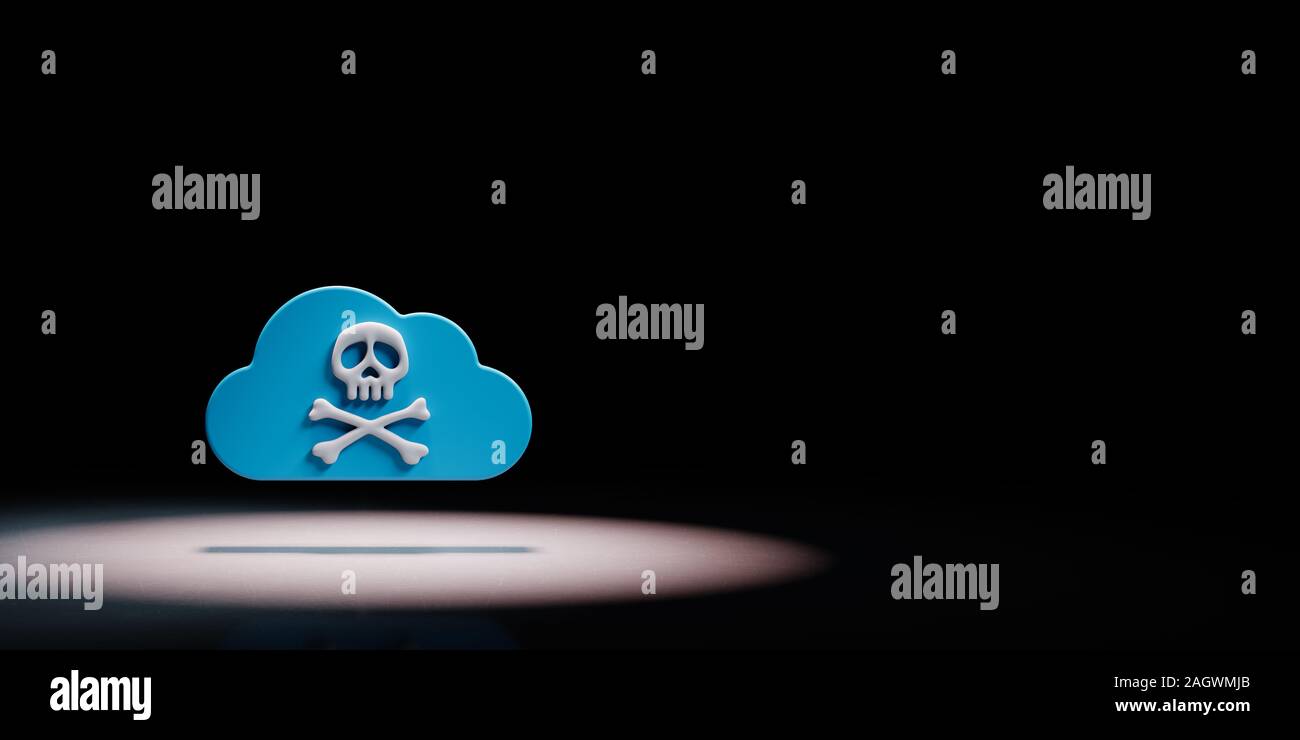 La forme 3D nuage bleu avec le symbole du crâne Pirate mis en évidence sur fond noir avec copie espace 3D Illustration Banque D'Images