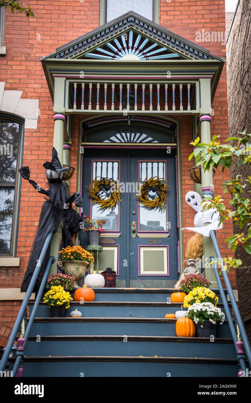 Décoration Halloween, Wicker Park Historic District, un quartier résidentiel, Chicago, Illinois, États-Unis Banque D'Images