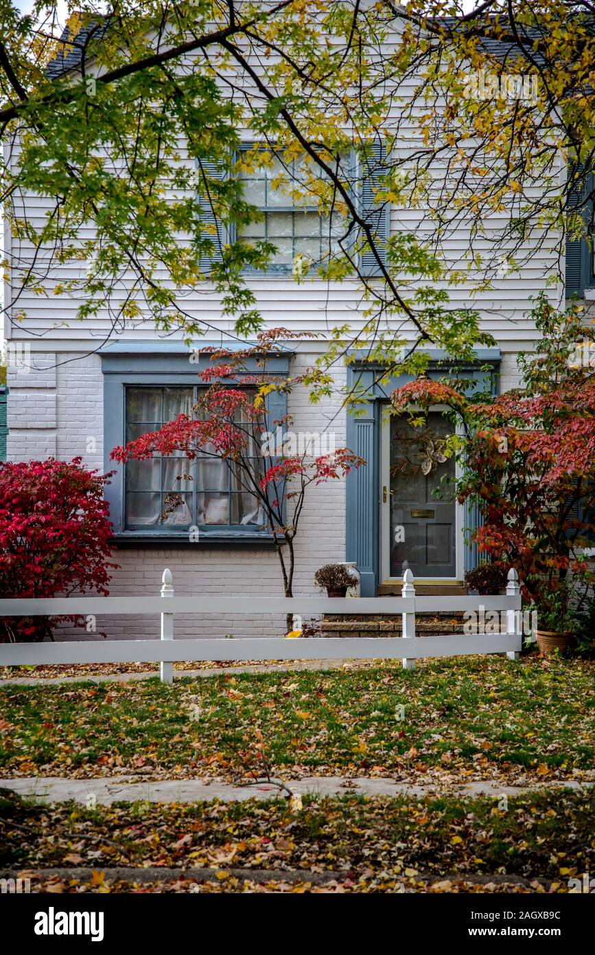 Jolie maison pittoresque à l'automne dans l'Est du village anglais, quartier, Detroit, Michigan, USA Banque D'Images