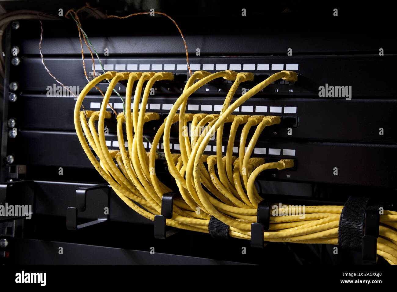 Câbles réseau jaune et des serveurs dans un centre de données de la technologie Banque D'Images