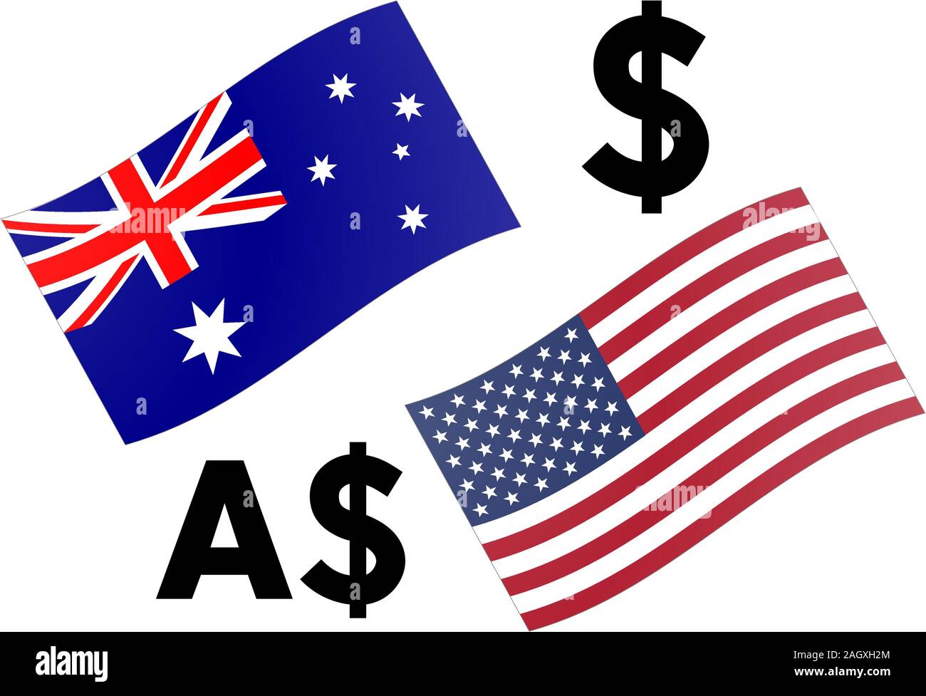 Paire de devises Forex AUDUSD illustration vectorielle. Drapeau de l'Australie et des États-Unis, avec le symbole du dollar. Illustration de Vecteur