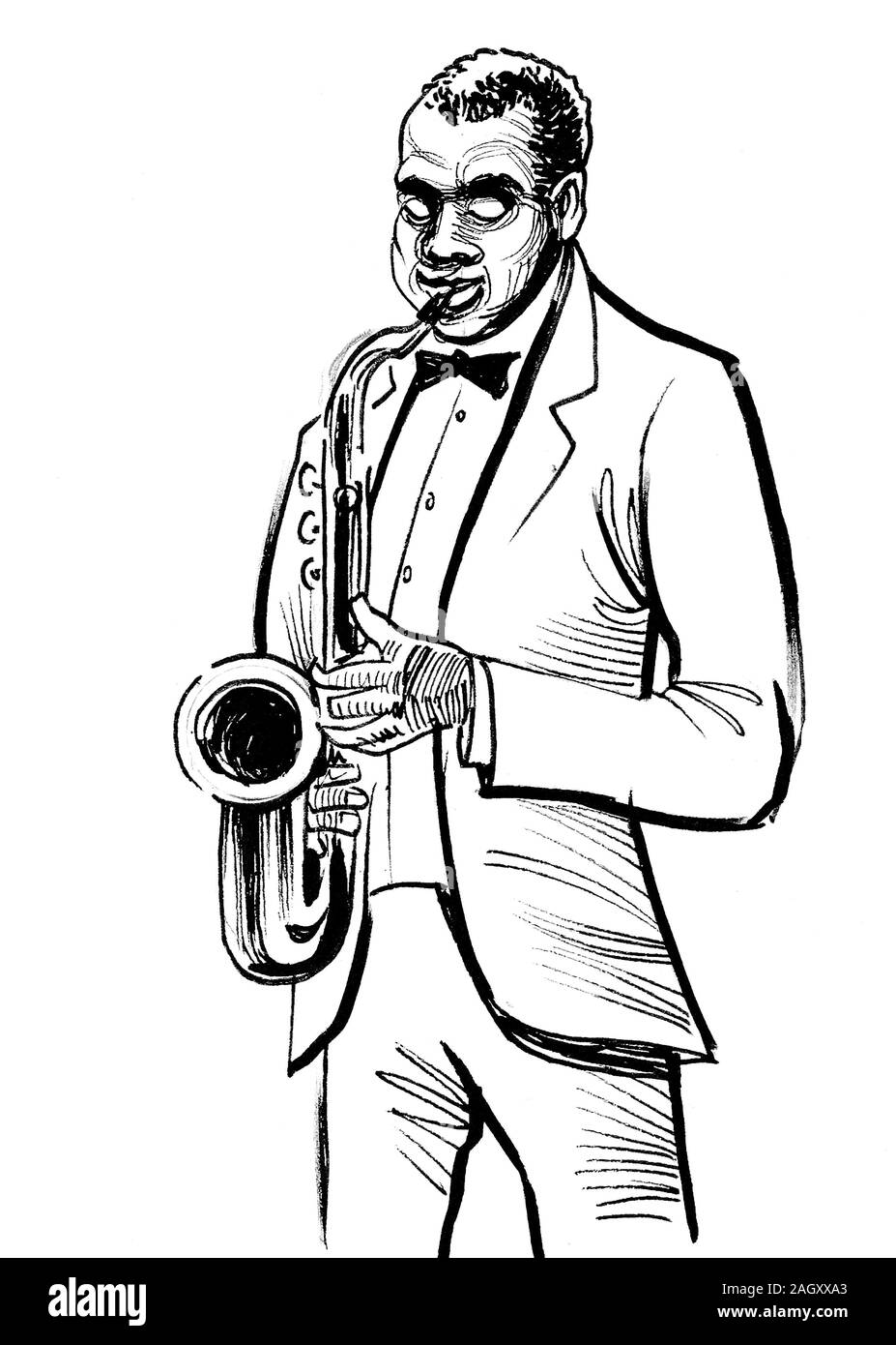 Musicien de jazz avec saxophone. Encre dessin noir et blanc Banque D'Images