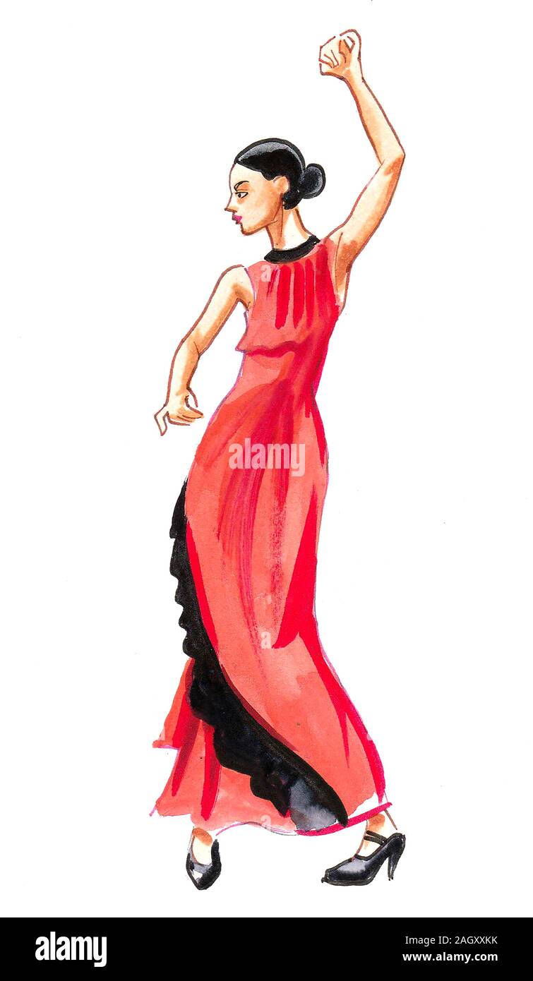 Belle danseuse Flamenco. Illustration encre et aquarelle Banque D'Images