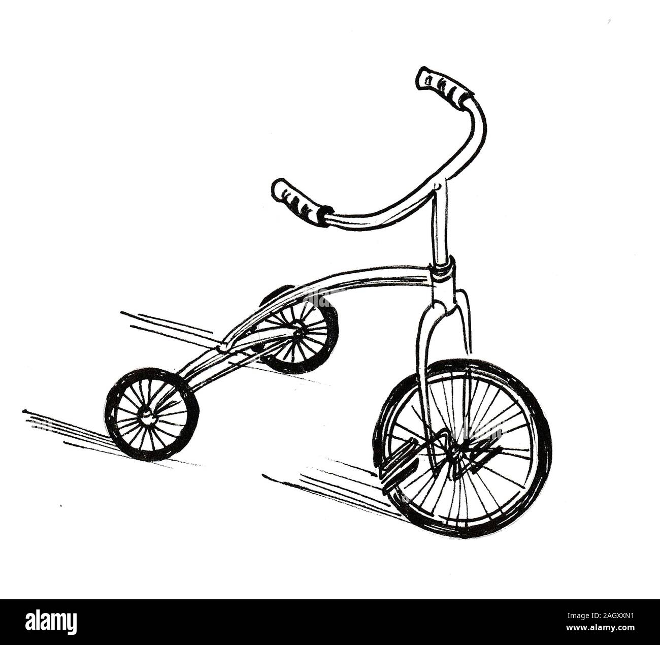 Tricycle pour enfants. Encre dessin noir et blanc Banque D'Images
