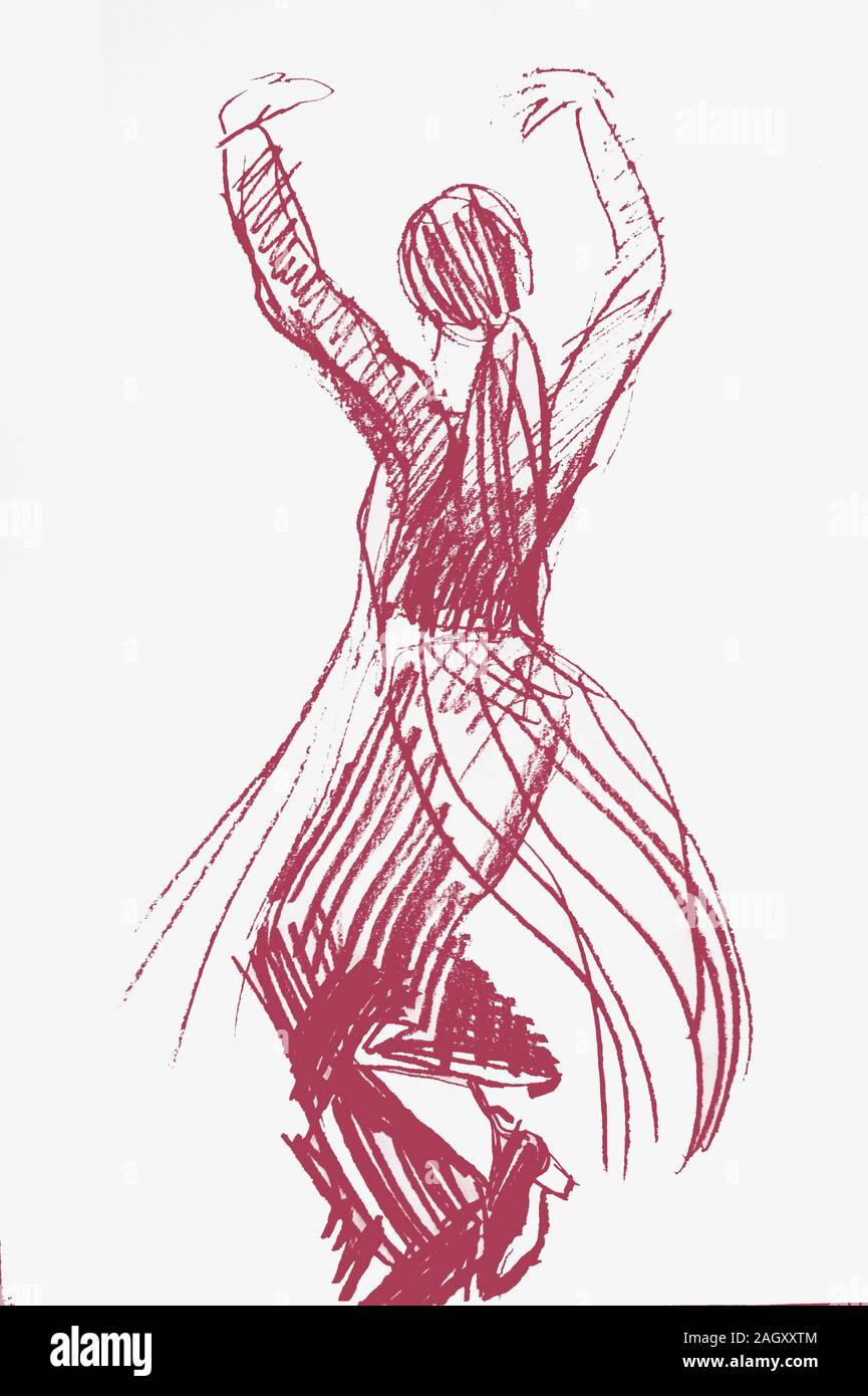 Croquis femme danser le flamenco. Dessin avec crayon rouge sur fond blanc Banque D'Images